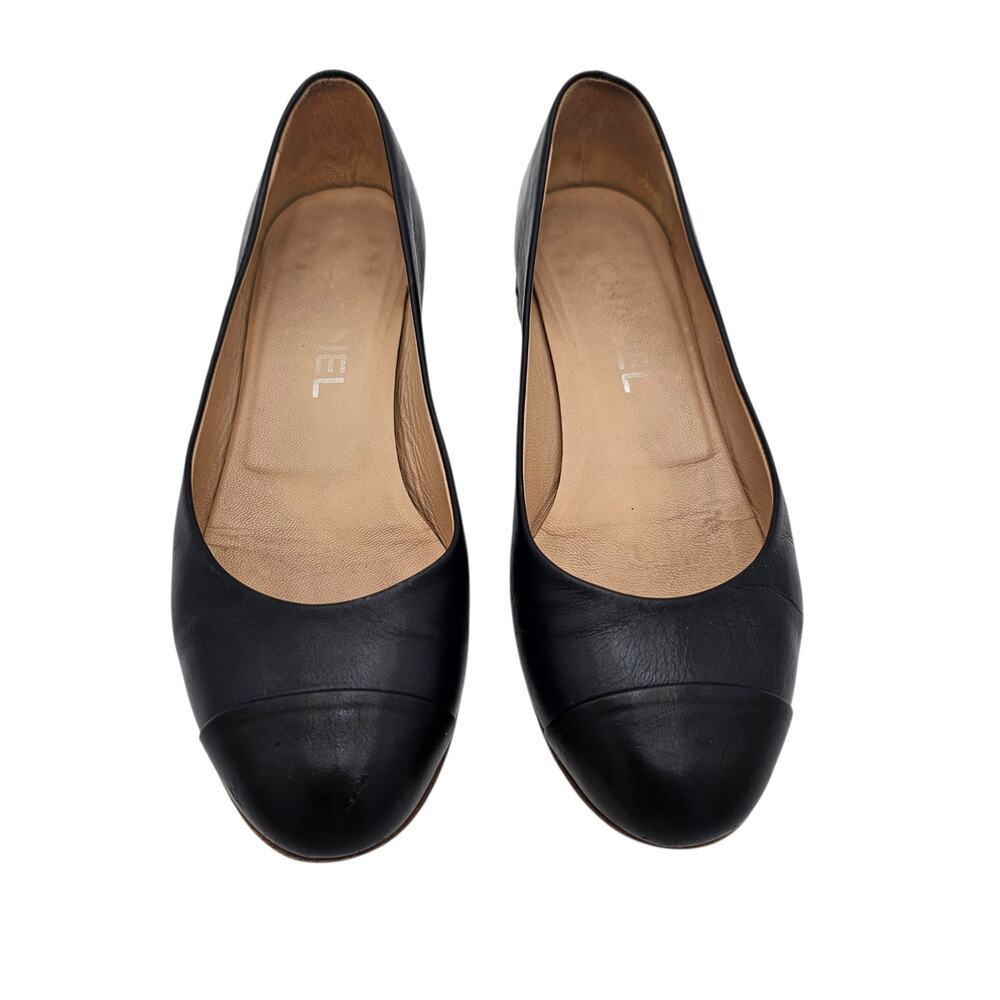 Chanel CC Cap Toe Ballet Flat Slipper Black Leather Chain Size 36.5 US 5.5 6 - Picture 3 of 12